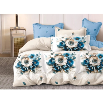 Pościel 160x200 bawełna satynowa błękitne kwiaty PK 677 z prześcieradłem